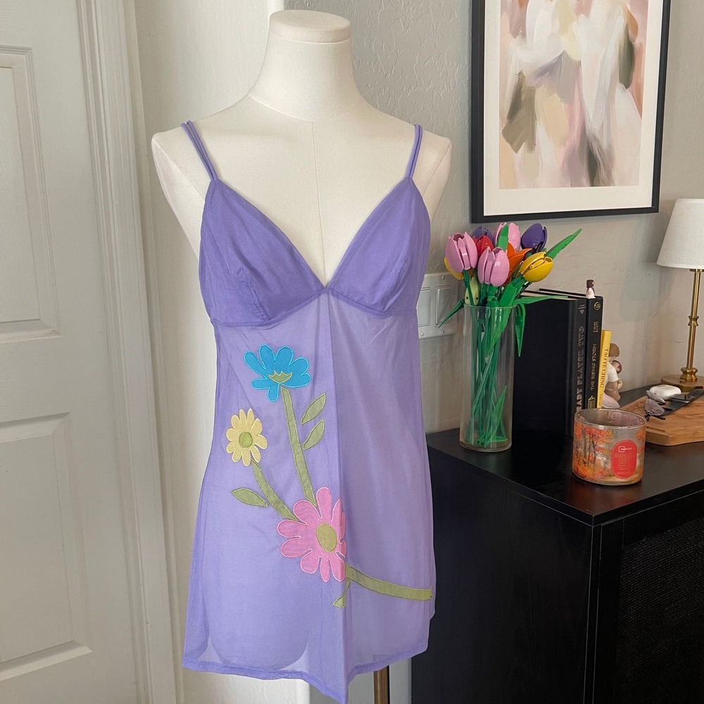 Victoria's Secret Chemise Women M Purple Good Vintage 2003 Floral Mesh Babydoll